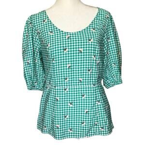 Ann Taylor Factory Size 6 Gingham Floral Blouse Top Green White Puff Sleeves